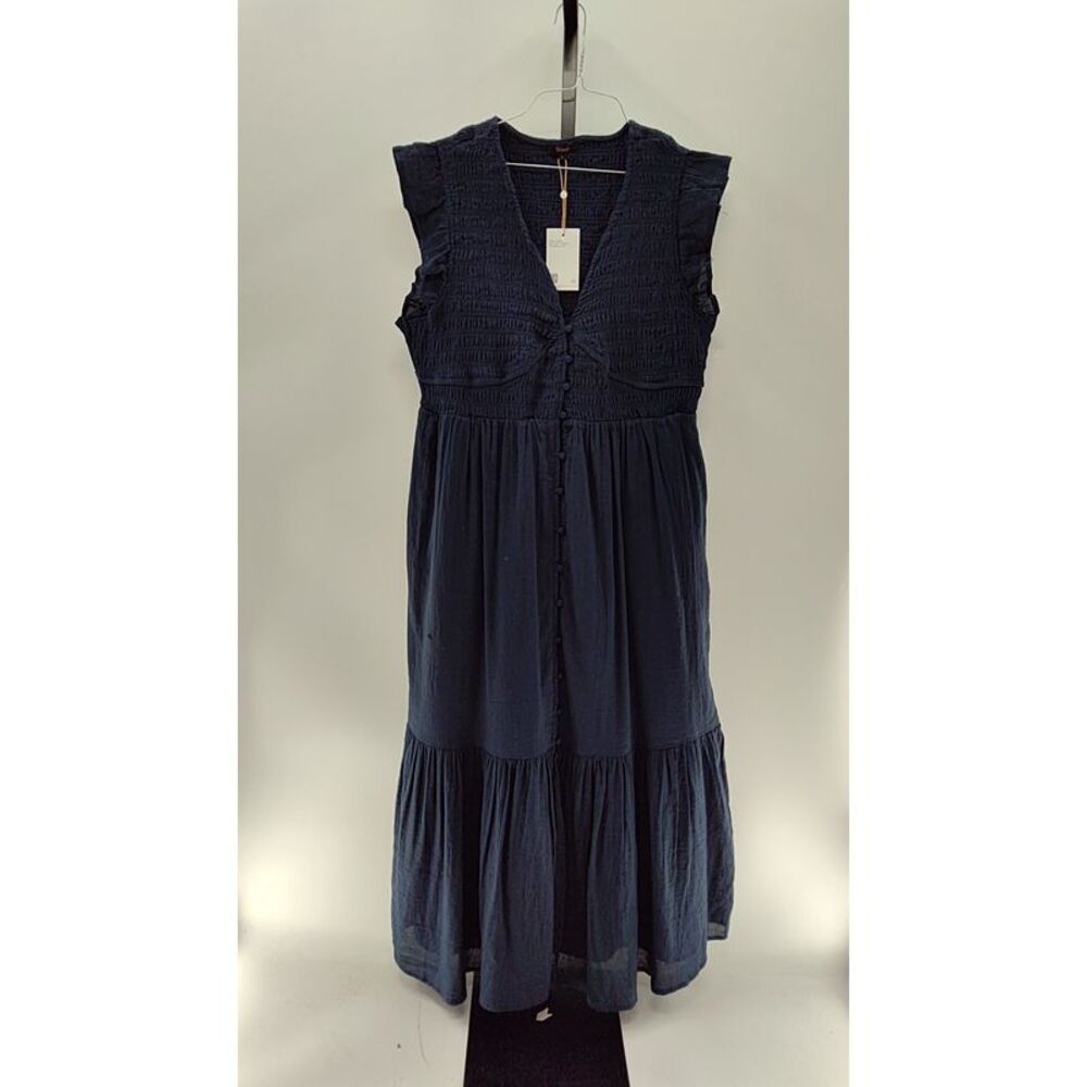 Quince Navy Blue Maxi Dress with Button Front